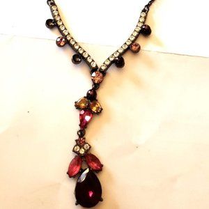 Elegant garnet, ruby, & pink topaz-colored pendant form necklace, 22 inch drop